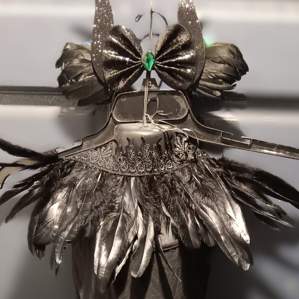 Magical Maleficent Costume Girls Black Tulle Dress Feather collar horn headband